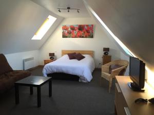 a bedroom with a bed and a tv in a attic at Hotel du Moulin aux Draps in Desvres