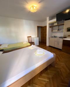 a room with a bed and a kitchen in it at Rooms Villa Desa in Budva