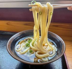 eine Schüssel Ramen mit Nudeln und Frühlingszwiebeln in der Unterkunft HOTEL MYTH-W -ホテル マイス ダブリュー- adult only in Sakaide