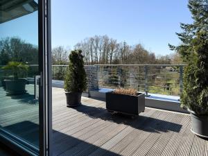 a balcony with two potted plants and a window at Penthouse am Hafen 2 in Niendorf