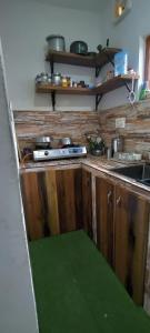 a kitchen with wooden cabinets and a green floor at Scenic Mountain Hut Naranag in Kangan +14 photos