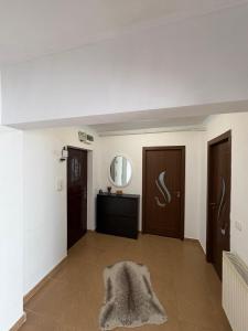 a hallway with two doors and a rug at NiC Apartment in Râmnicu Vâlcea +5 photos