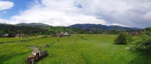 a green field with a truck in the middle of it at Топірець in Vorokhta +24 photos