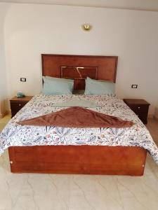 a large wooden bed with a wooden headboard in a bedroom at Nur al Nil Garden House in Luxor