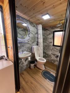 a bathroom with a toilet and a sink at Hotel Restorant Natyra Diber Camping in Podgorcë