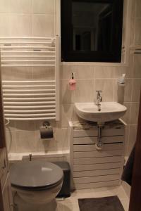 a bathroom with a toilet and a sink at Fair Trade Apartment in Düsseldorf