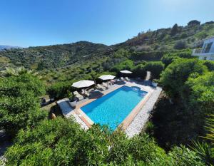 an overhead view of a swimming pool with umbrellas at Sobremesa Boutique in Sayalonga