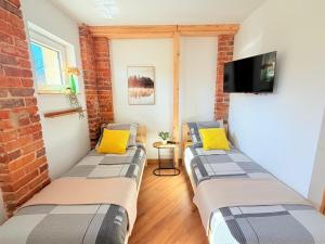 two beds in a room with a tv on a wall at Noclegi Świerzawa 43 in Świerzawa