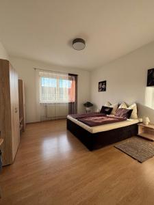 a large bedroom with a large bed and a window at Ferienwohnung Maks und Kris in Sankt Andrä bei Frauenkirchen