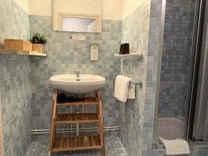 a small bathroom with a sink and a shower at Hôtel Deybach in Munster +67 photos