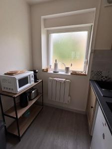 a kitchen with a microwave on a table with a window at Sur Egletons - Le Cocon Egletons in Égletons