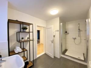 a bathroom with a shower and a sink at Modernes 3-Familienhaus im Allgäu in Erkheim +56 photos