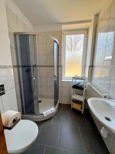 a bathroom with a shower and a toilet and a sink at DW Bukówka in Karpacz +112 photos