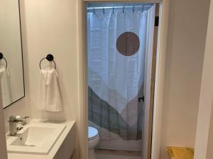 a bathroom with a shower with a sink and a toilet at Lava Mountain Lodge in Dubois +18 photos
