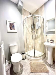 a bathroom with a shower and a toilet and a sink at Colthrop Manor B&B in Thatcham +26 photos