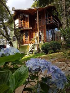 a house with blue flowers in front of it at Casa de Campo em Monte Verde in Camanducaia