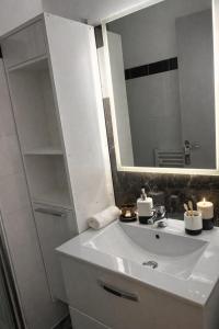 a bathroom with a white sink and a mirror at Appartement charmant au cœur de Saint-Rémy, idéal pour une escapade provençale ! in Saint-Rémy-de-Provence +4 photos