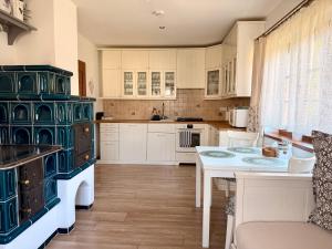 a kitchen with an antique stove and a table at Rusínsky Dvor s privátnym Wellness in Malý Lipník