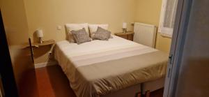 a bed in a small room with two pillows on it at Les 4 nuances in Youx