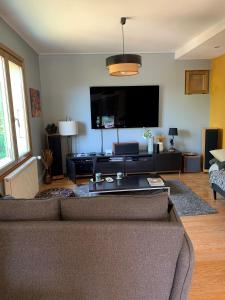 a living room with a couch and a flat screen tv at Villa Crysaële in Menthon-Saint-Bernard