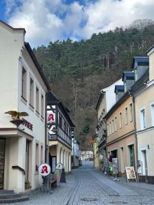 an empty street in a town with a mountain at An der Elbe in Bad Schandau