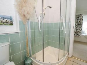 a shower with a glass door in a bathroom at Happy Landing in Harlech +35 photos