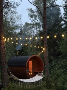 a hammock in a forest with lights and trees at Ränduri Pesa Paiveli koplis in Myustelʼ