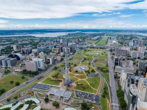 an aerial view of a city with tall buildings at Vértice Hotel in Brasília