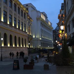 Un gruppo di persone che camminano in una città di notte di Dinamic Studio Old Town a Bucarest