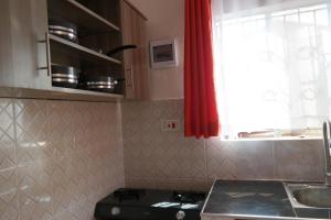 a kitchen with a stove and a red curtain at Kristina Gardens 1BD & Studio Homes in Voi +29 photos