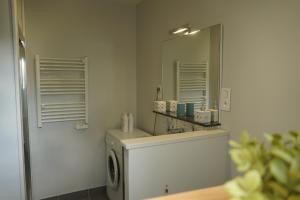 a bathroom with a washing machine and a mirror at Maison individuelle in Triac-Lautrait