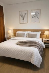 a bedroom with a large white bed with two lamps at Entre Plazas in Cáceres