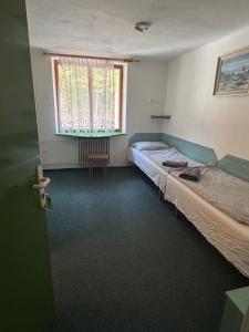 ein Zimmer mit zwei Betten und einem Fenster in der Unterkunft Chata na Pile in Sedlice