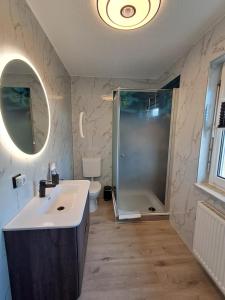 a bathroom with a shower and a sink and a toilet at Ferienwohnung Luna in Stralsund +5 photos