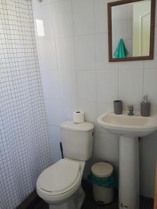 ein weißes Badezimmer mit Toilette und Waschbecken in der Unterkunft Cabaña Peralillo in Vicuña + 18 Fotos