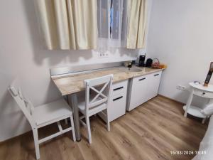 a kitchen with a sink and a table and chairs at Transilvania Studio in Sibiu