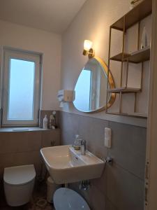 a bathroom with a sink and a mirror and a toilet at Appartement am Goldsteinpark in Bad Nauheim