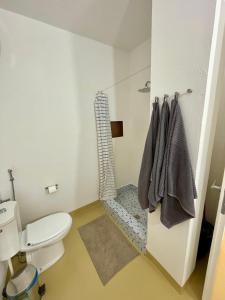 a bathroom with a white toilet and a shower at Surf House Casa Vehla in Sal Rei