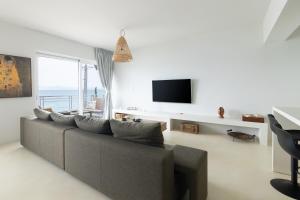 a living room with a couch and a tv at Euphoria Mare in Néa Palátia