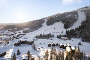 a snow covered mountain with a ski slope and trees at Ljungvind Kåvan - Funäsdalen in Funäsdalen