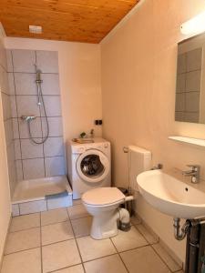 a bathroom with a toilet a sink and a washing machine at Haus an der Hase in Bramsche