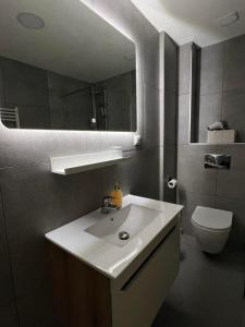a bathroom with a sink and a mirror and a toilet at PRESTIGE apartman Krusevac in Kruševac +59 photos