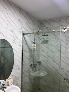 a bathroom with a shower with a sink and a mirror at Executive 2-Bedroom Apartment in Ikeja