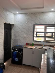 a kitchen with a washer and a sink and a window at Executive 2-Bedroom Apartment in Ikeja +3 photos
