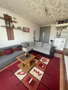 a living room with a couch and a table at Kolor House Apartman in Kazincbarcika