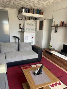 a living room with a couch and a table at Kolor House Apartman in Kazincbarcika