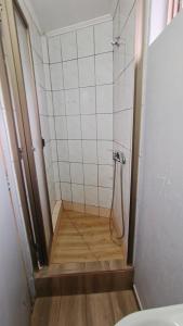 a bathroom with a shower with a wooden floor at EL ROBLE 2 CHILLaN in Chillán