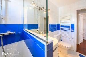 a blue and white bathroom with a toilet and a sink at Chez Pacha - Dúplex céntrico I 2' playa I hasta 5 huéspedes I equipado I Brava Experience in Cadaqués +27 photos
