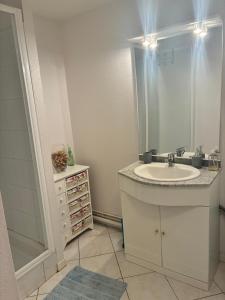 a bathroom with a sink and a mirror at Appartement calme grande terrasse 150 m de la plage in Meschers-sur-Gironde