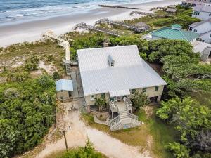 an aerial view of a house on the beach at Historic Bliss on Pawleys Island's Shoreline in Pawleys Island
